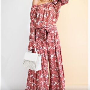 Women's LS Printed Off Shoulder Blouse and  Printed Swing Wide Leg Pants NWT